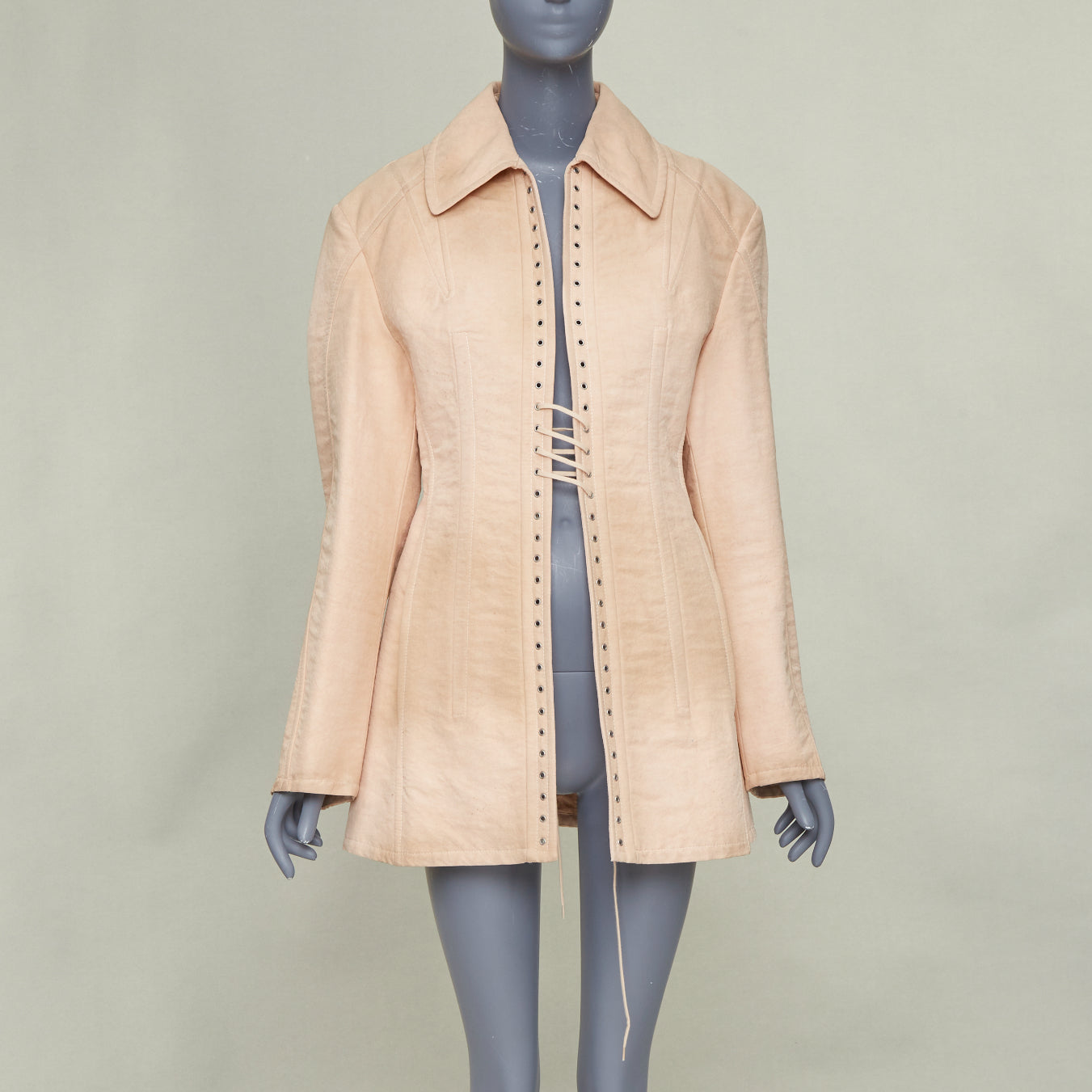 Women's Prada Opal Slub pink distressed canvas lace up corset jacket