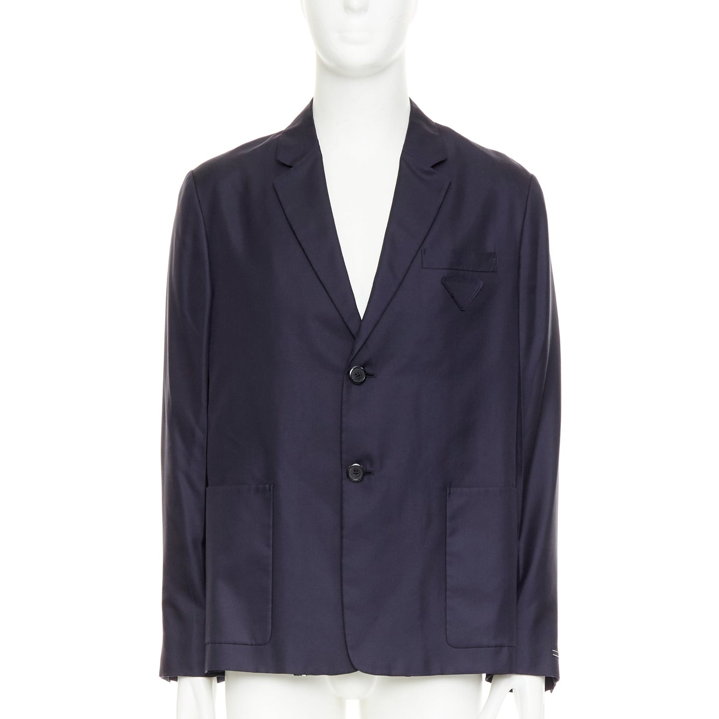 Men's Prada silk navy tonal triangle patch single breasted blazer