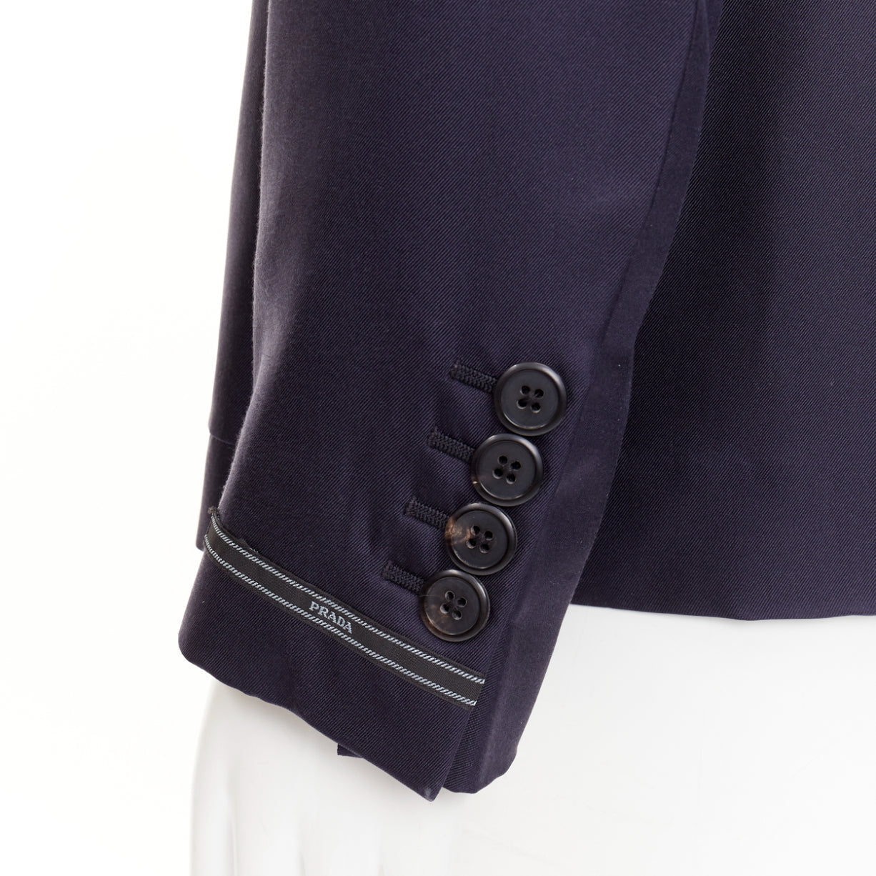 Men's Prada silk navy tonal triangle patch single breasted blazer