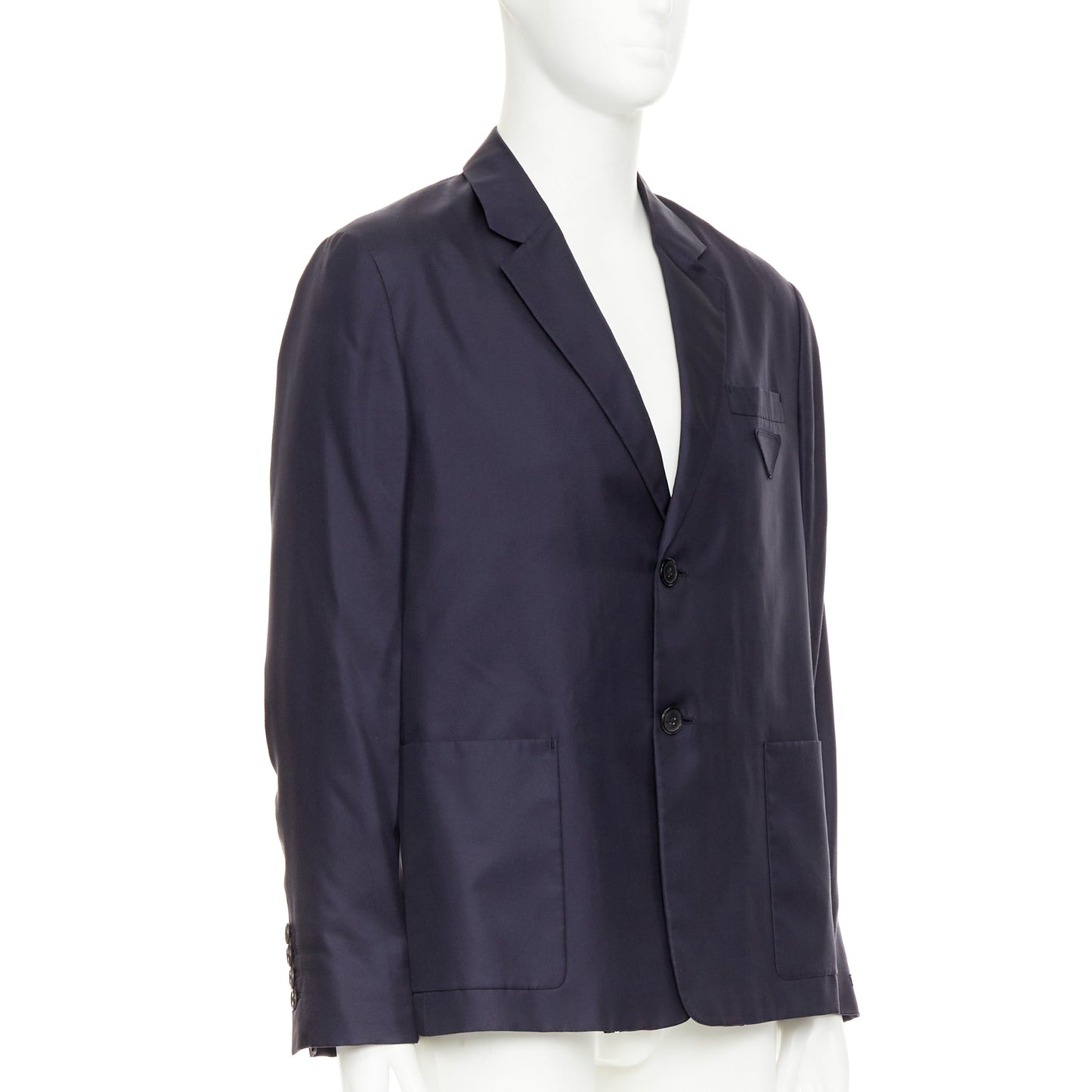 Men's Prada silk navy tonal triangle patch single breasted blazer