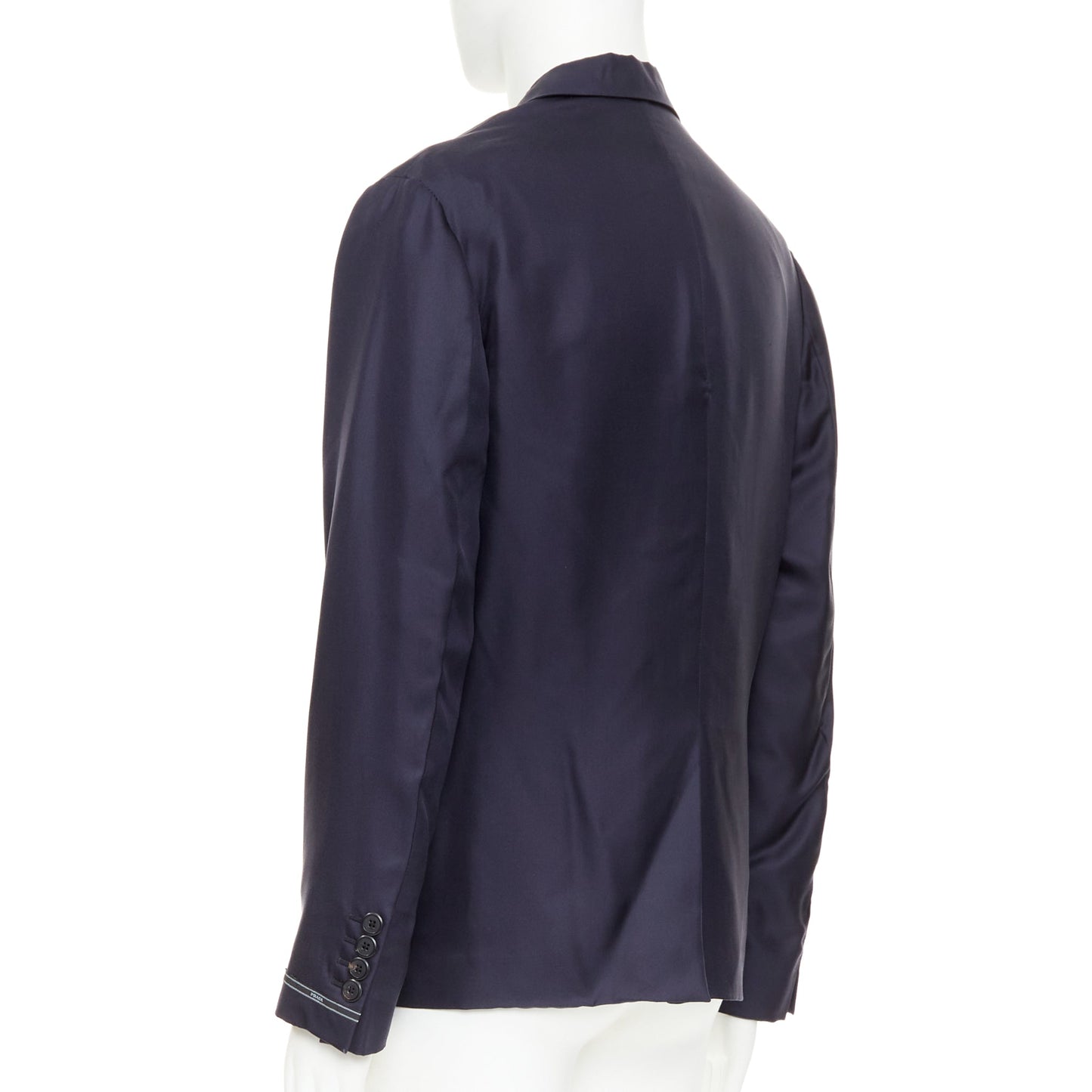 Men's Prada silk navy tonal triangle patch single breasted blazer