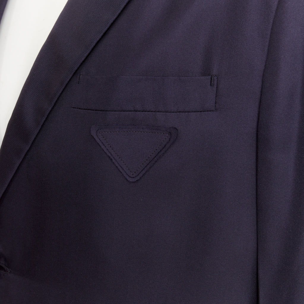 Men's Prada silk navy tonal triangle patch single breasted blazer
