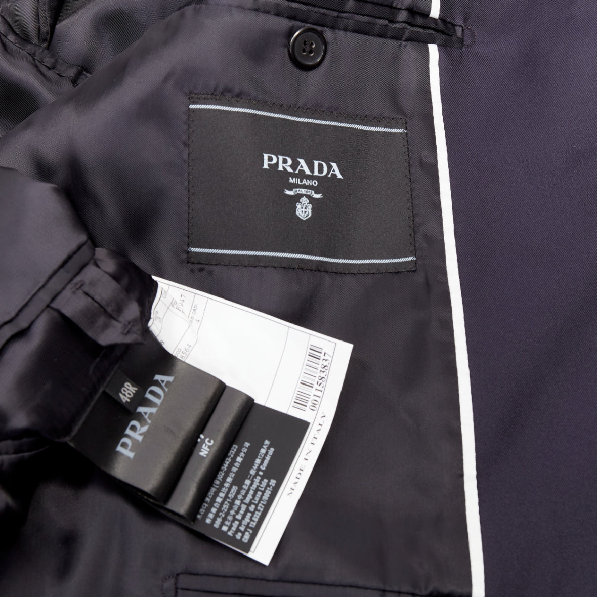 Men's Prada silk navy tonal triangle patch single breasted blazer