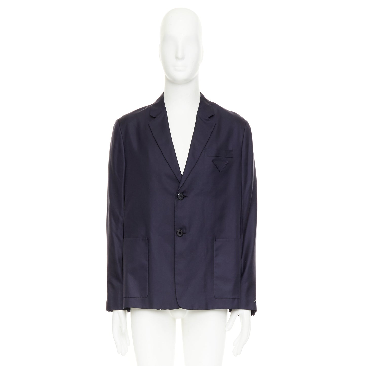 Men's Prada silk navy tonal triangle patch single breasted blazer