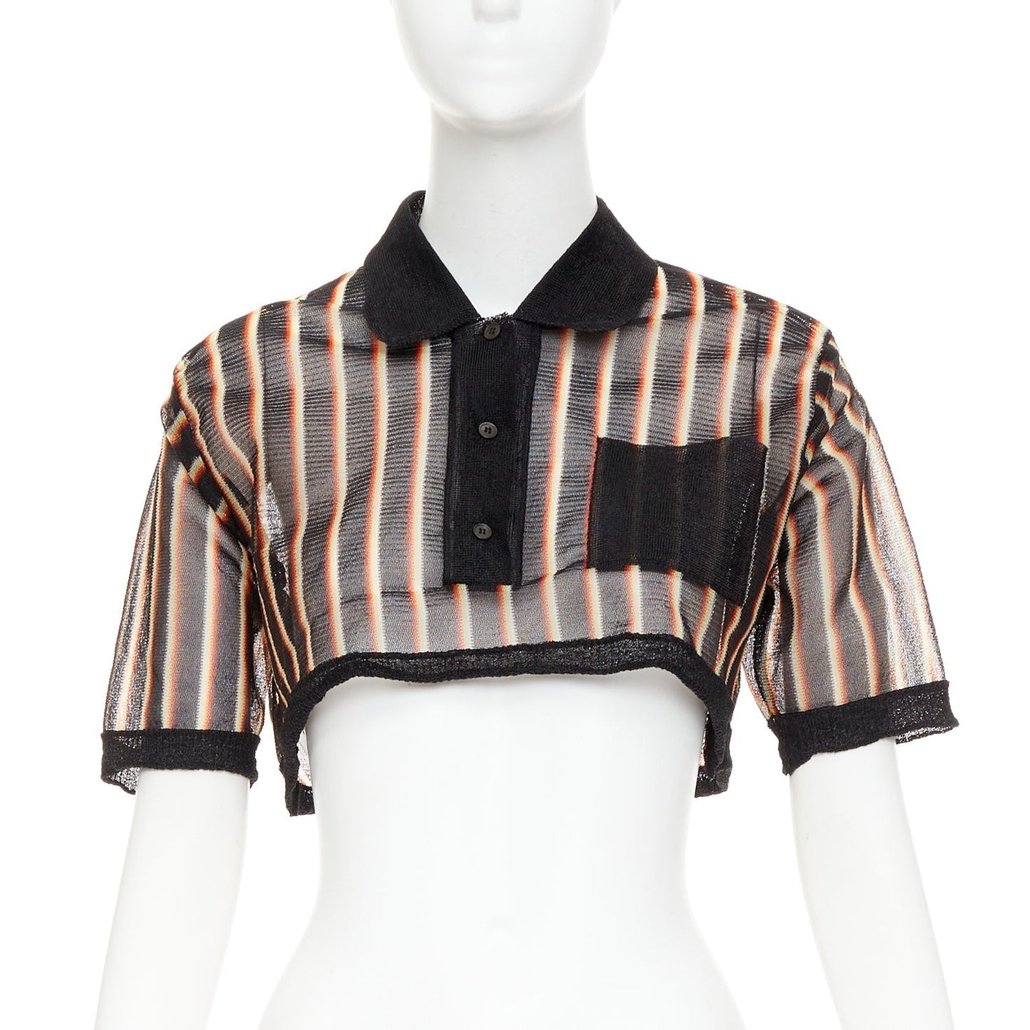 Women's Miu Miu psychedelic black striped sheer cropped polo shirt