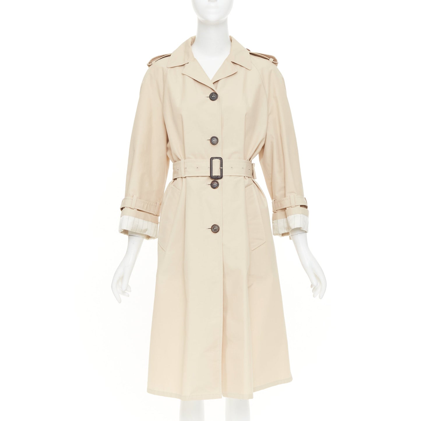 Women's Prada beige cotton pinstriped lined belted trench coat