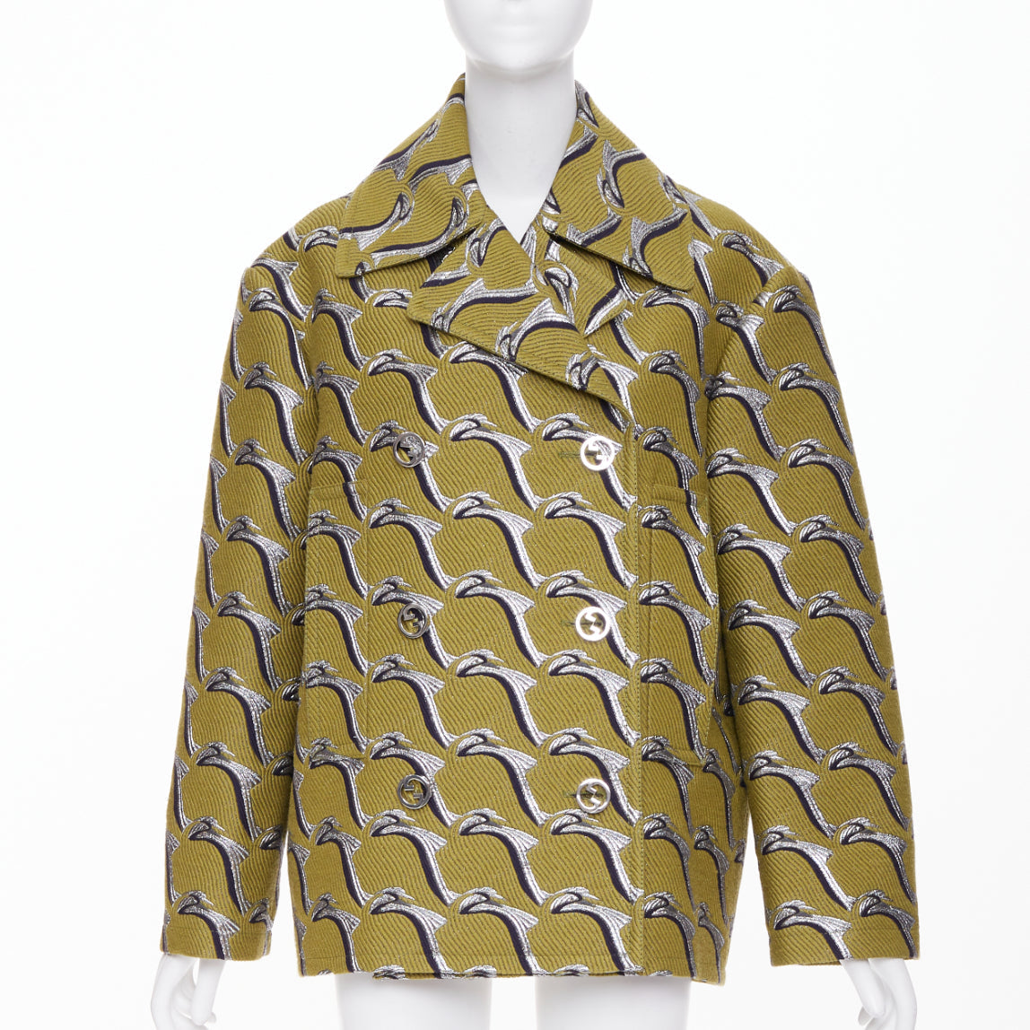 Women's Gucci Heron bird jacquard peacoat