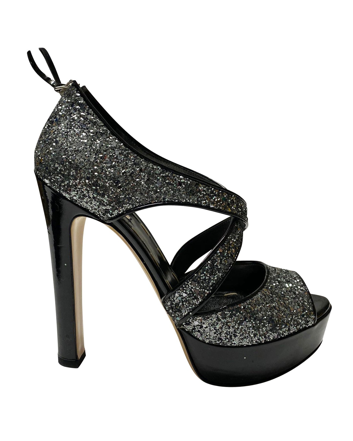 Women's Miu Miu Glitter Embellished Platform Sandals in Black Patent Leather