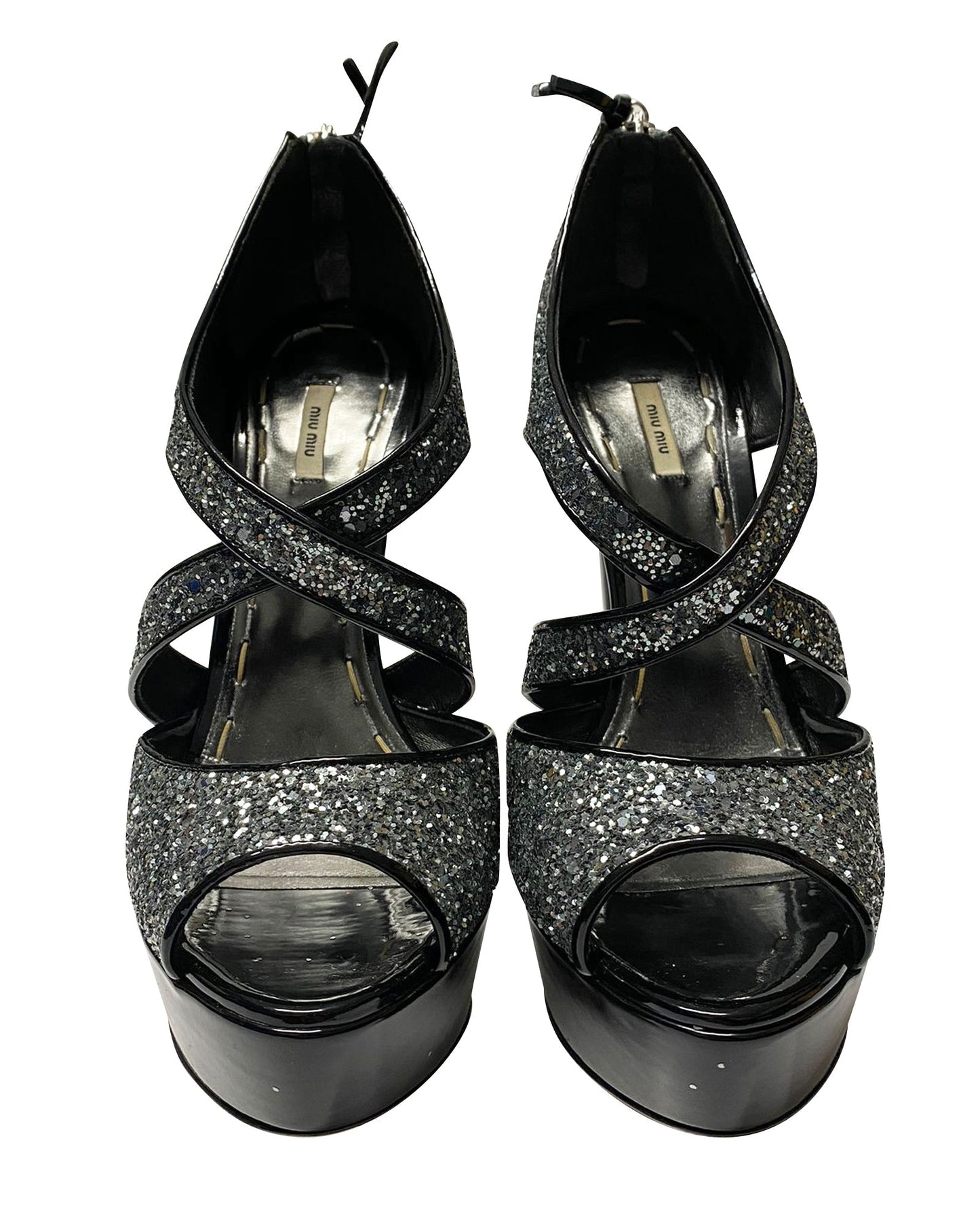 Women's Miu Miu Glitter Embellished Platform Sandals in Black Patent Leather