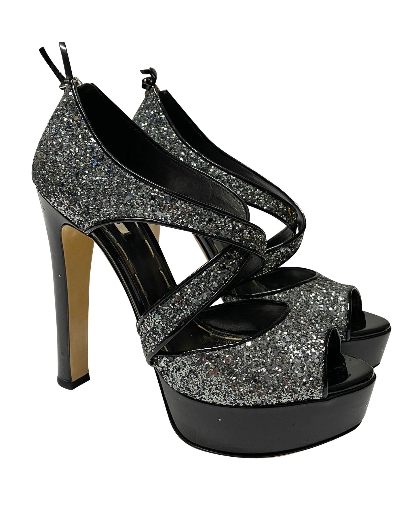 Women's Miu Miu Glitter Embellished Platform Sandals in Black Patent Leather