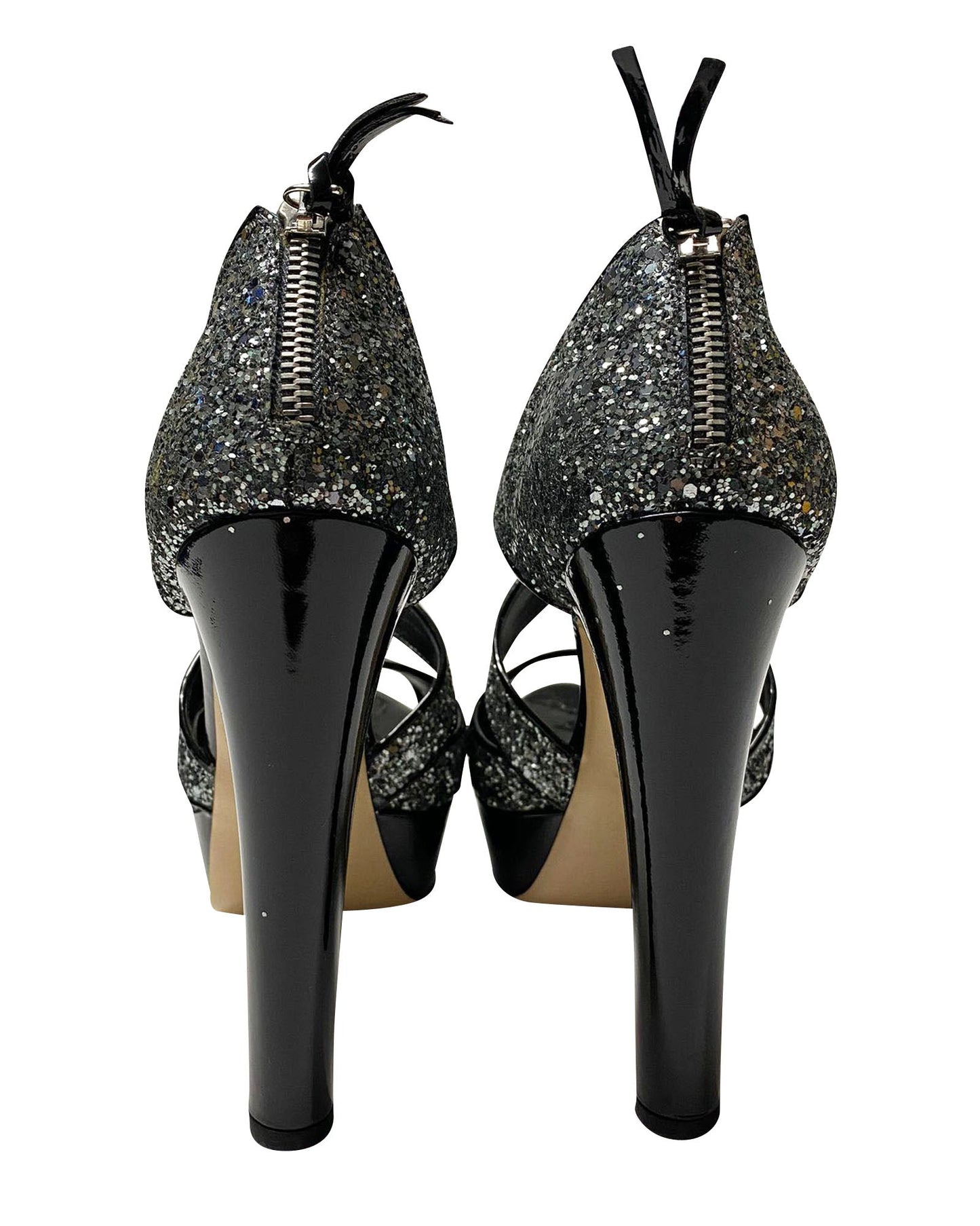 Women's Miu Miu Glitter Embellished Platform Sandals in Black Patent Leather