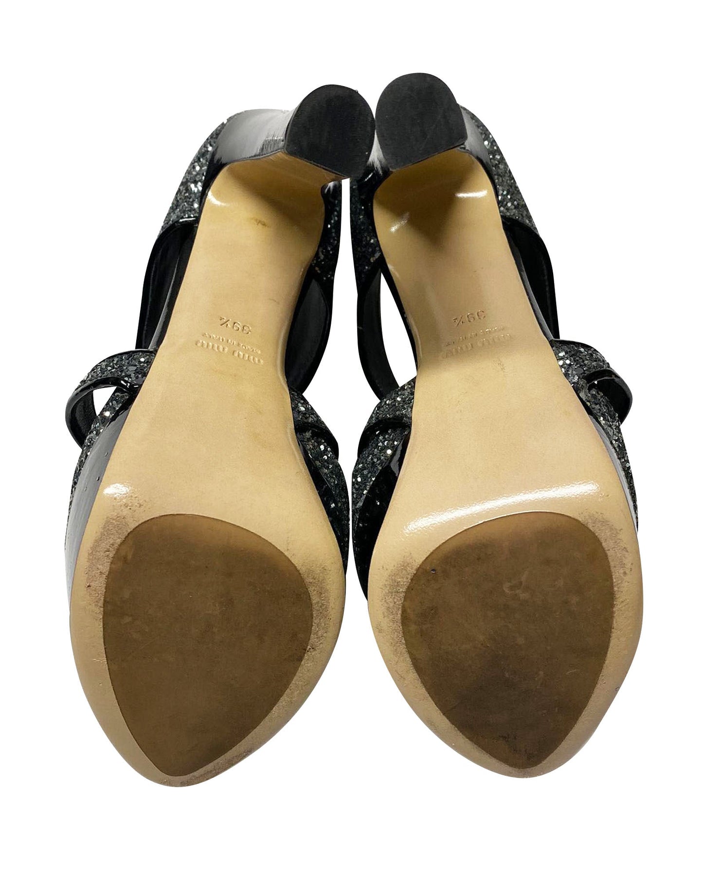 Women's Miu Miu Glitter Embellished Platform Sandals in Black Patent Leather