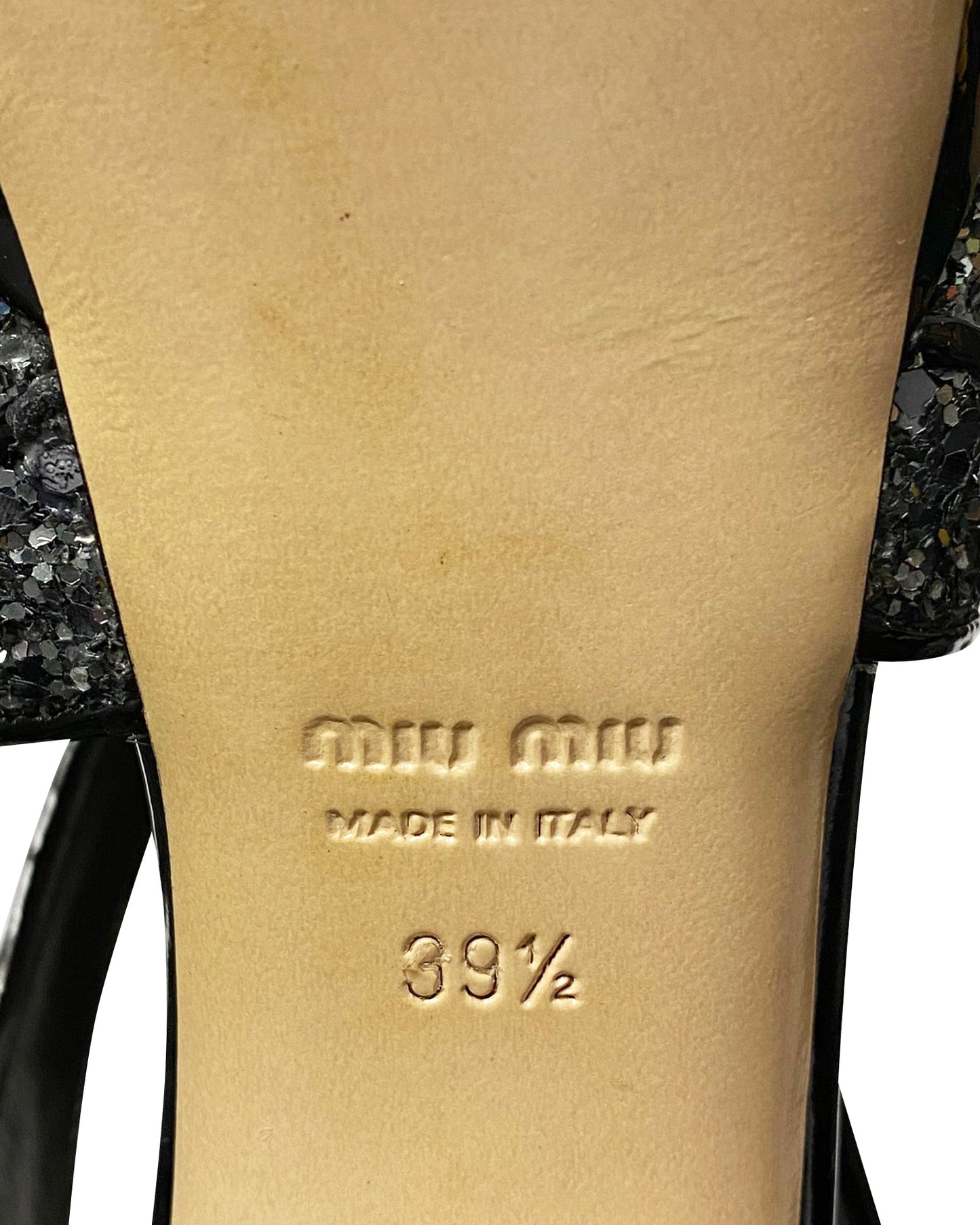 Women's Miu Miu Glitter Embellished Platform Sandals in Black Patent Leather