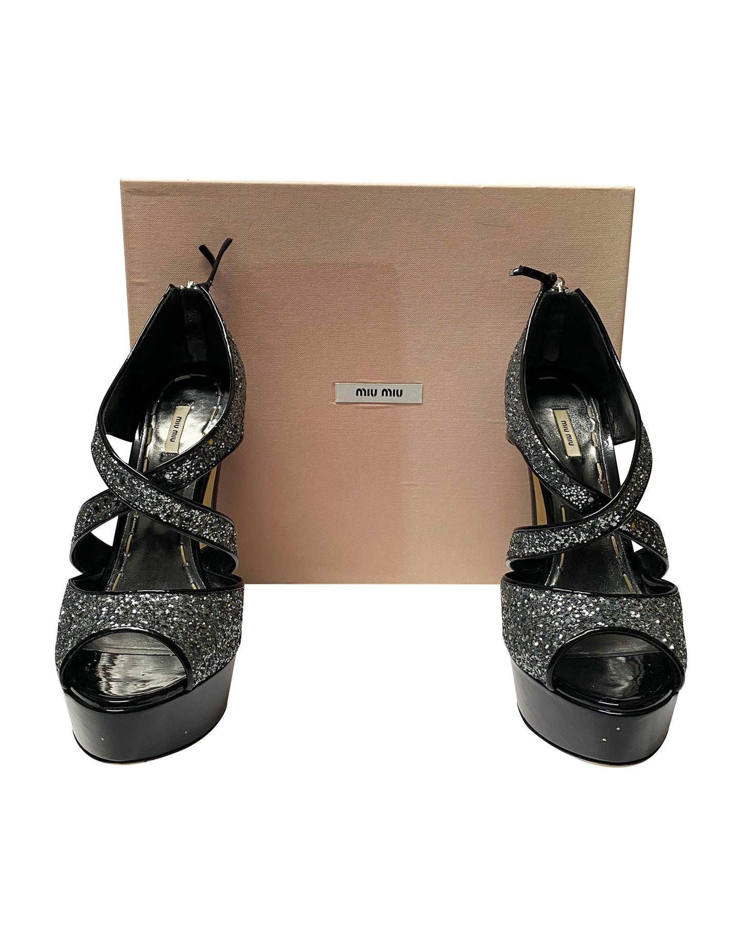 Women's Miu Miu Glitter Embellished Platform Sandals in Black Patent Leather