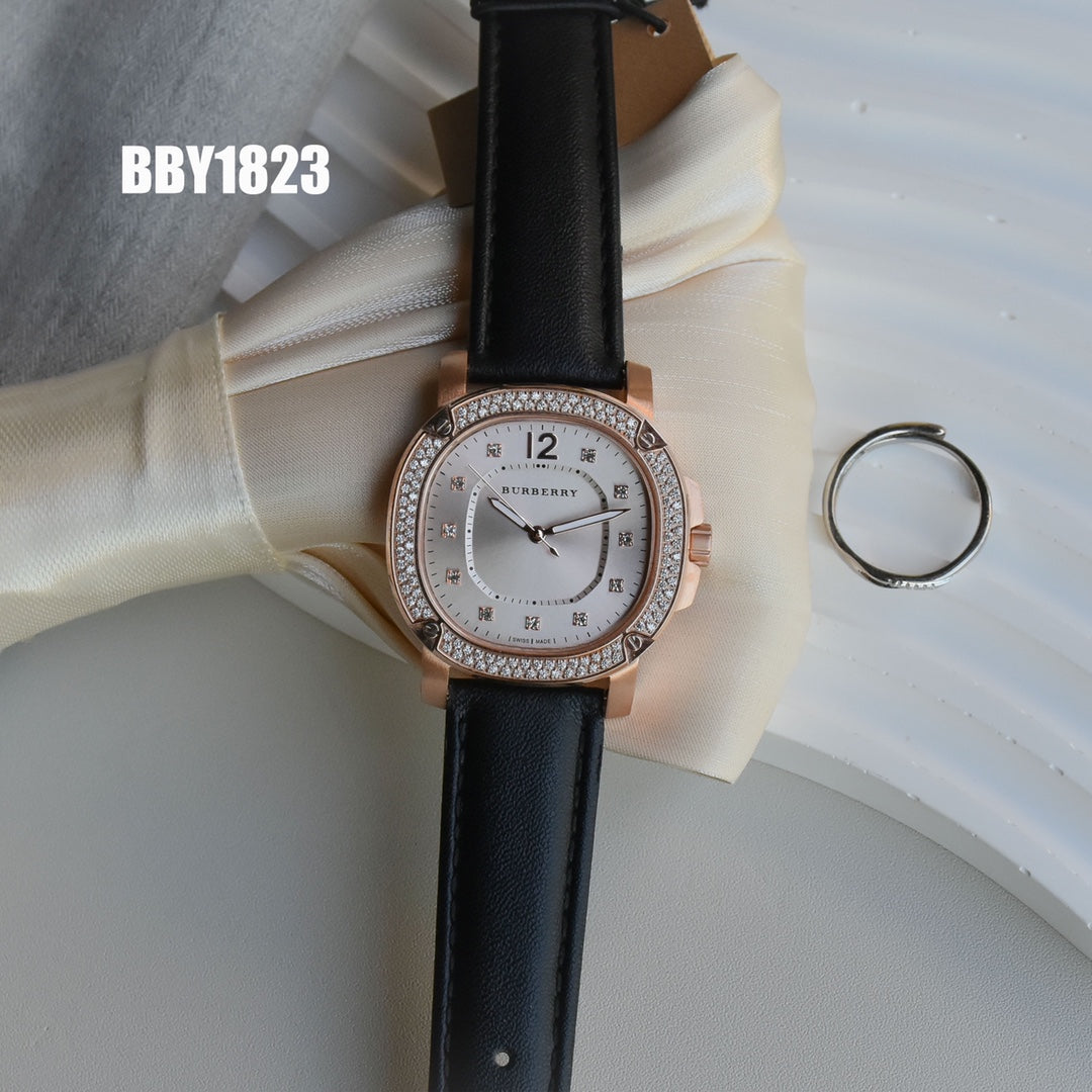 BUR Rose-Tone Embellished Women's Black Strap Watch