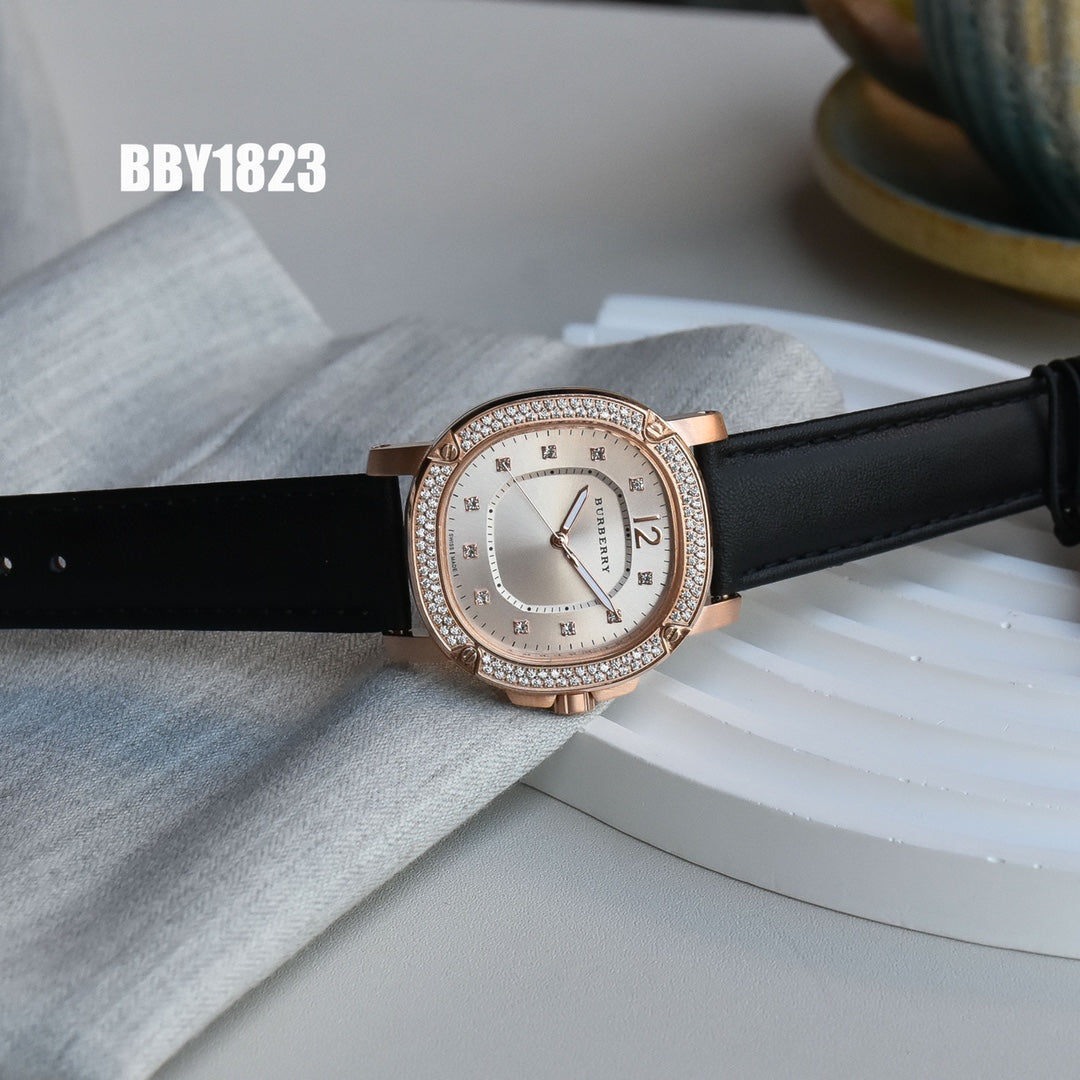 BUR Rose-Tone Embellished Women's Black Strap Watch