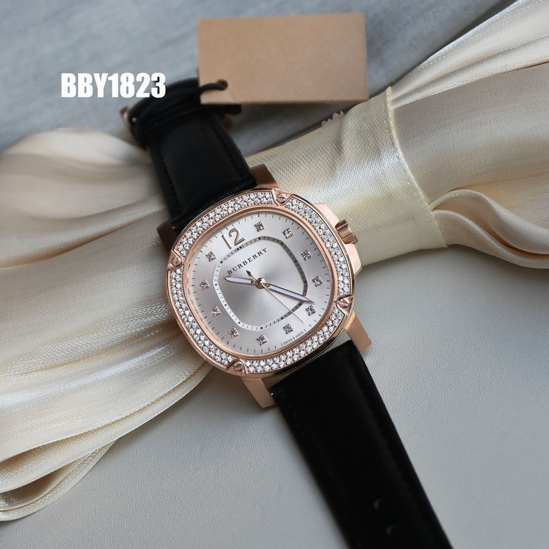 BUR Rose-Tone Embellished Women's Black Strap Watch