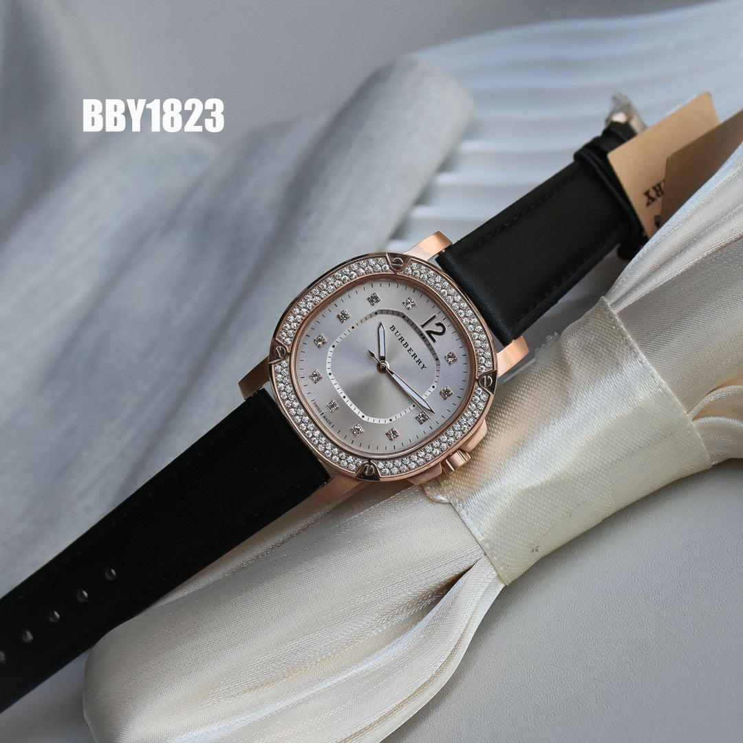 BUR Rose-Tone Embellished Women's Black Strap Watch