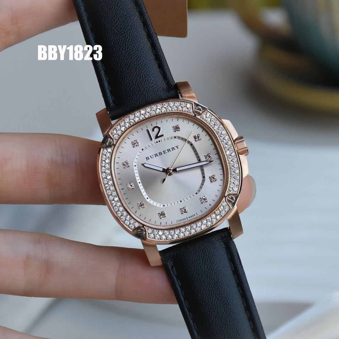 BUR Rose-Tone Embellished Women's Black Strap Watch
