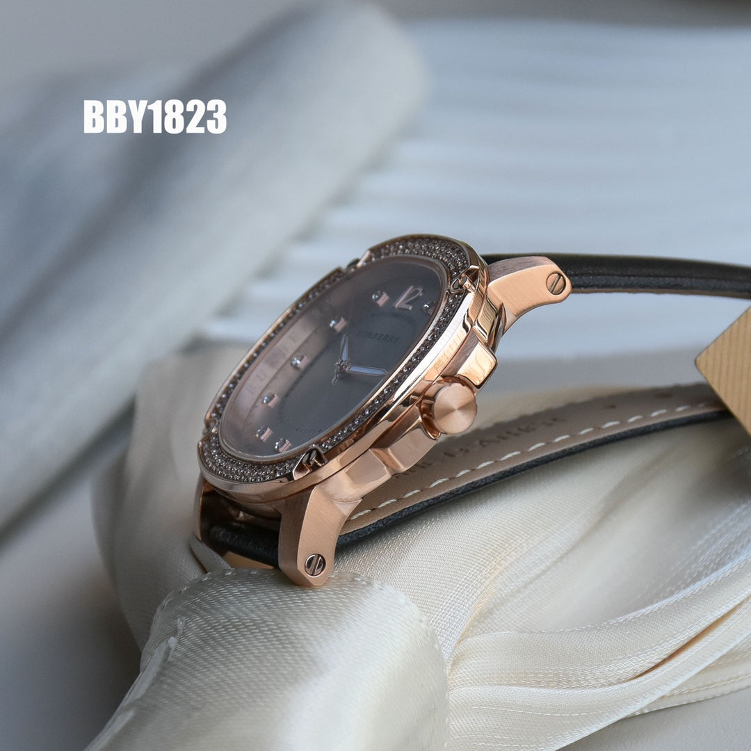 BUR Rose-Tone Embellished Women's Black Strap Watch