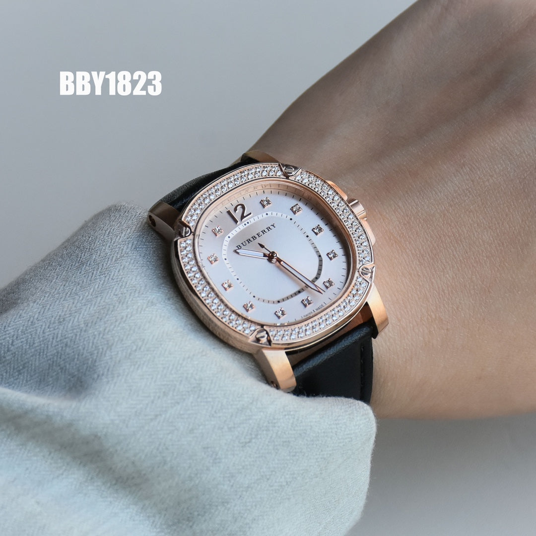 BUR Rose-Tone Embellished Women's Black Strap Watch