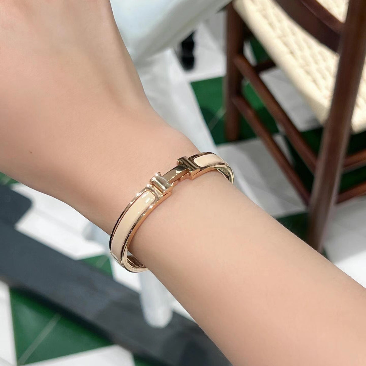 Color accent bangle on wrist