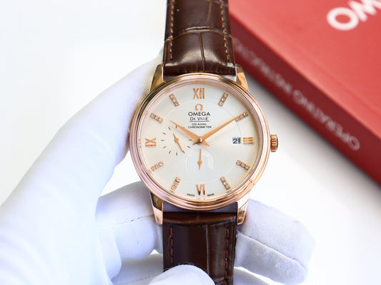 OM Ivory Dial Brown Strap Dress Watch