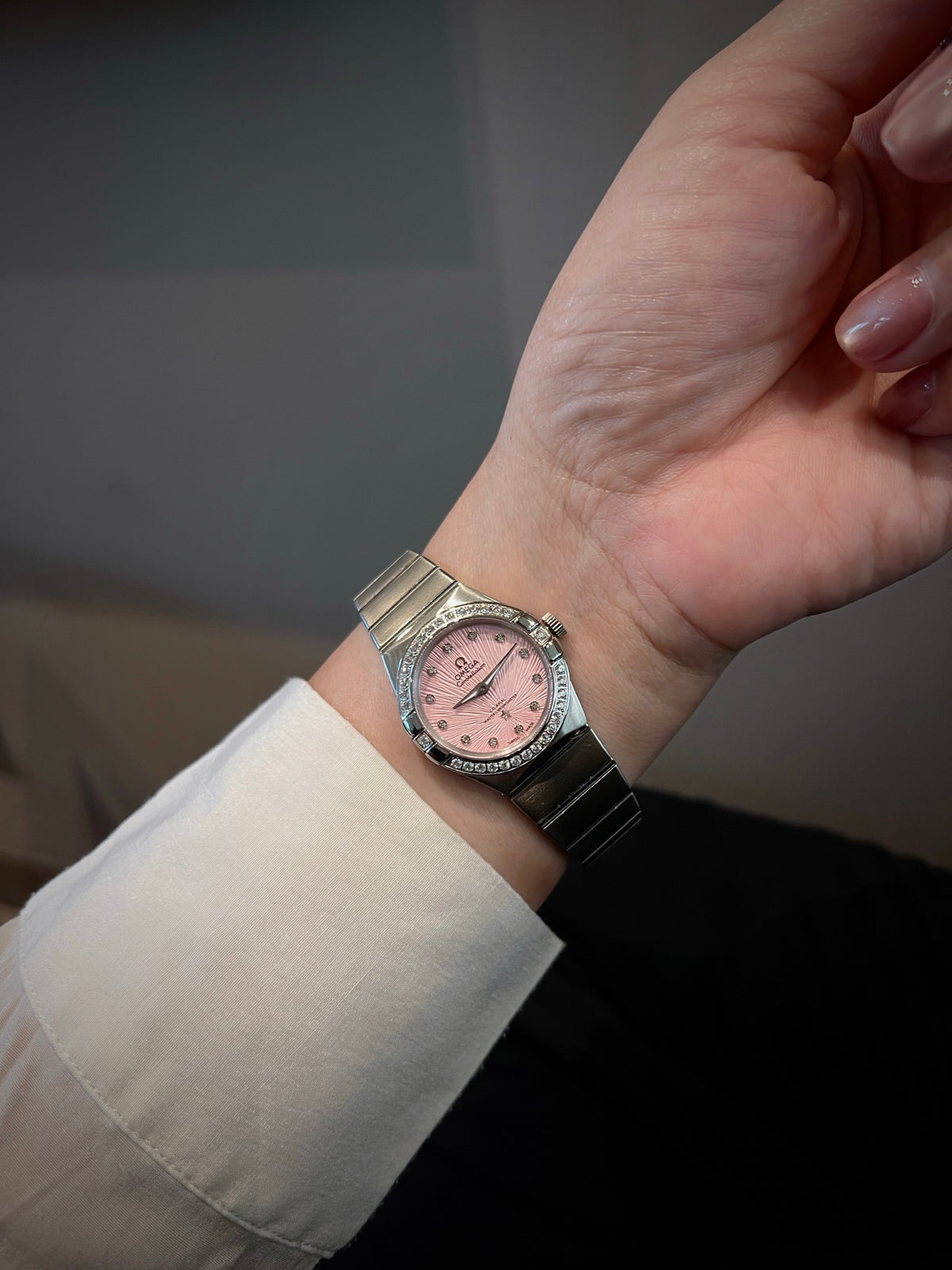 OM Pink Dial Embellished Bracelet Watch