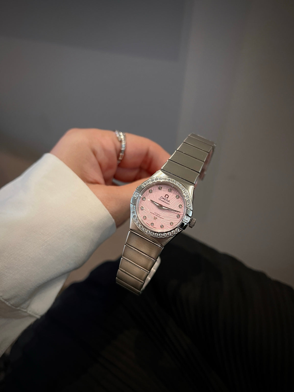 OM Pink Dial Embellished Bracelet Watch