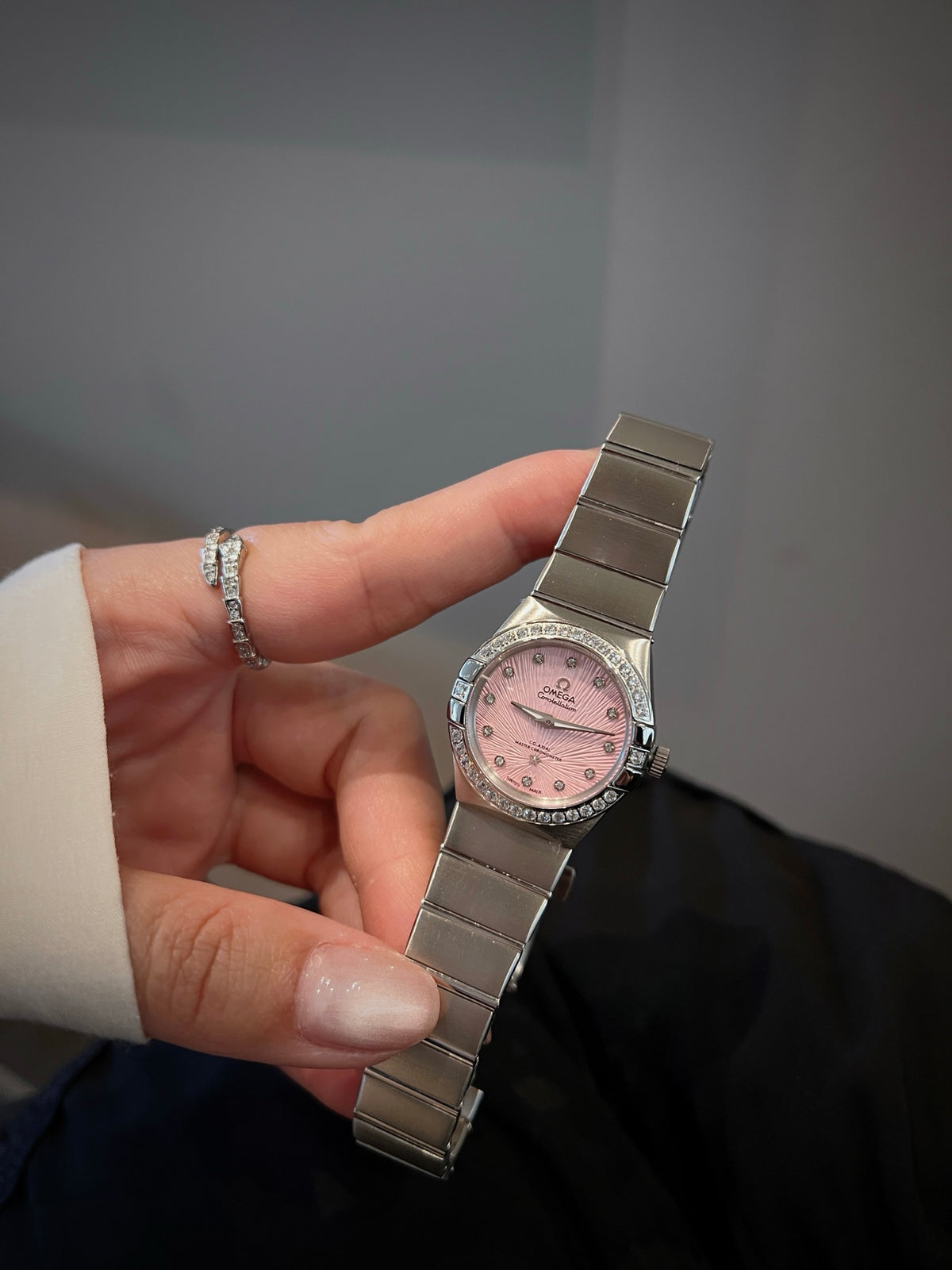 OM Pink Dial Embellished Bracelet Watch