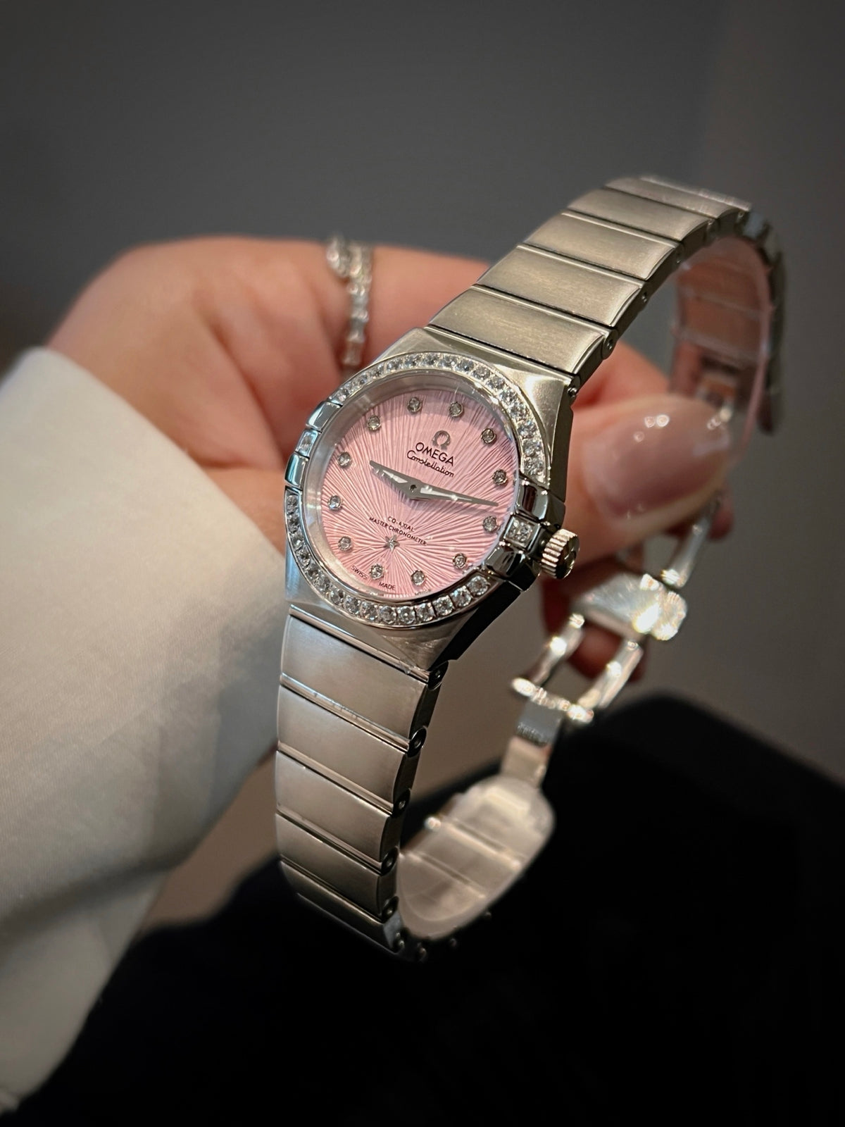 OM Pink Dial Embellished Bracelet Watch