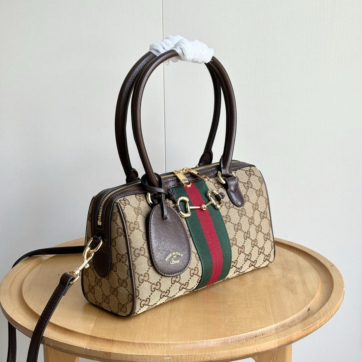 Caramel patterned barrel satchel